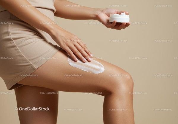 Application of Body Moisturizer on Skin with Cosmetic Cream Jar