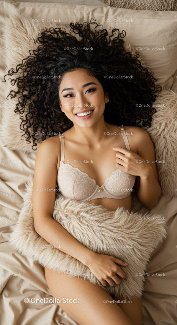 Smiling woman lying on bed with curly hair and cozy pillow