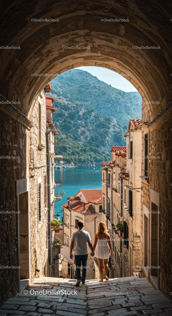 Romantic Couple Walking Through Charming Mediterranean Village Street