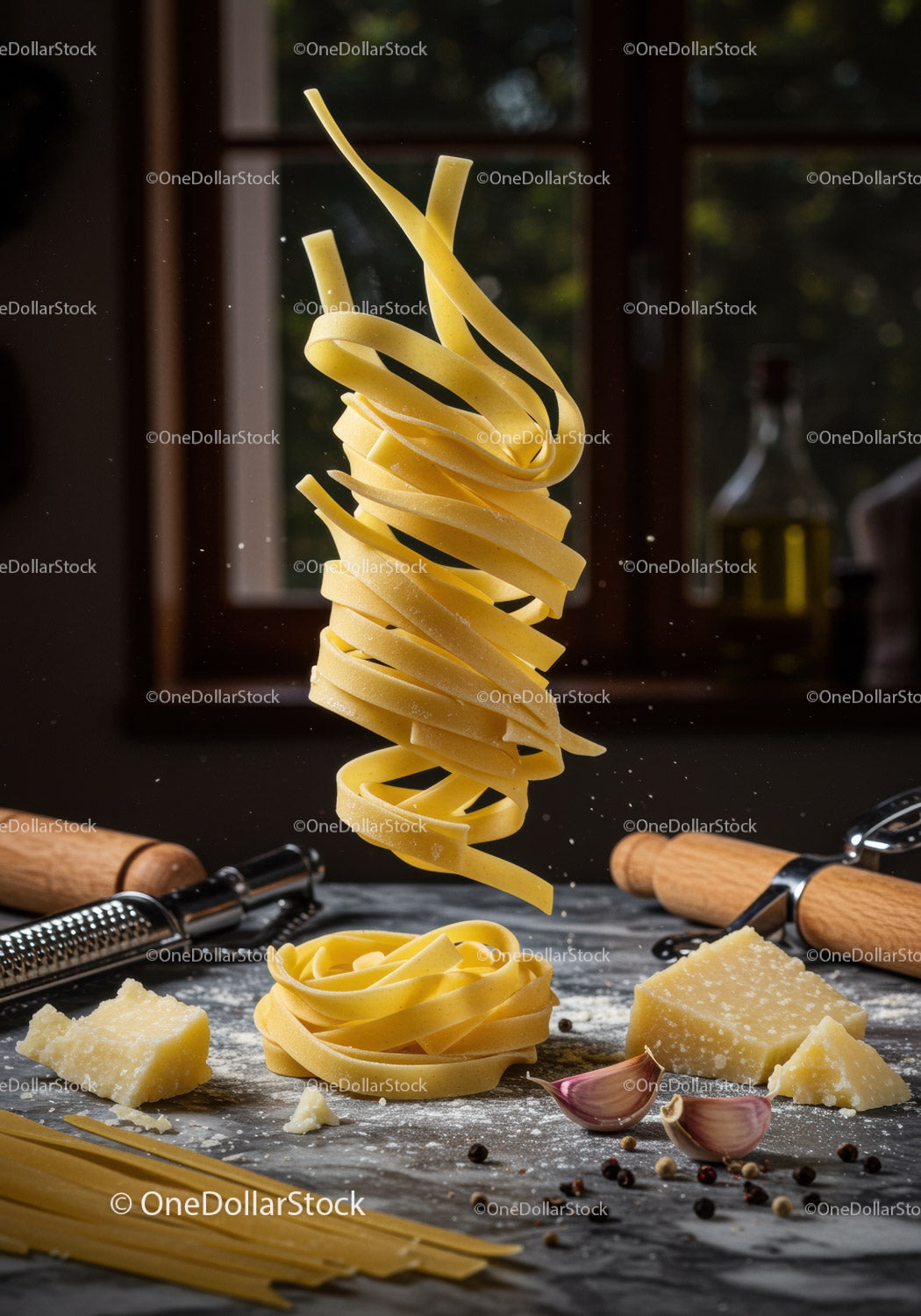 Rustykalna scena kuchenna z latającym makaronem fettuccine i składnikami
