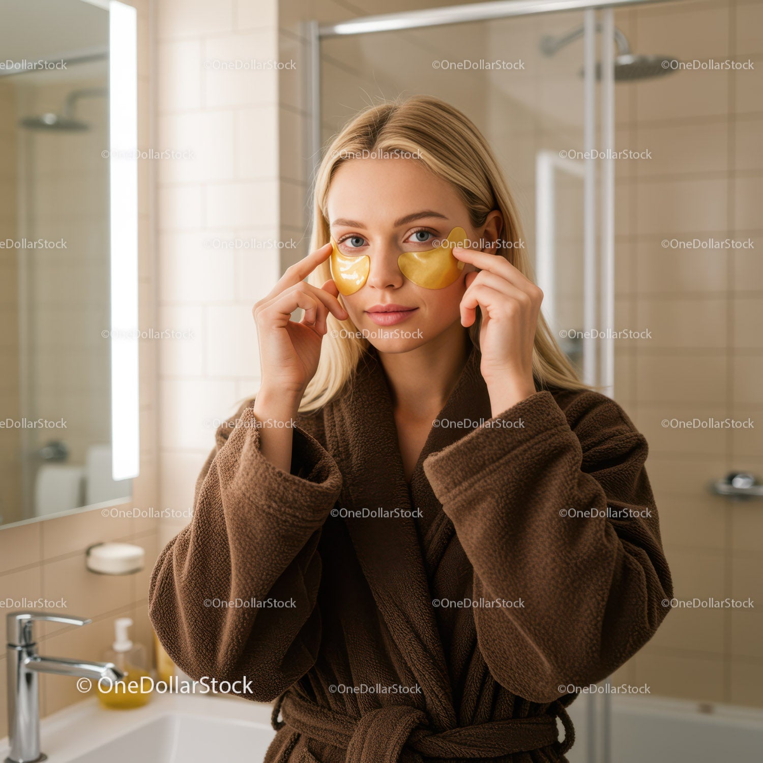 Woman Applying Gold Hydrogel Eye Patches in Bathroom Spa