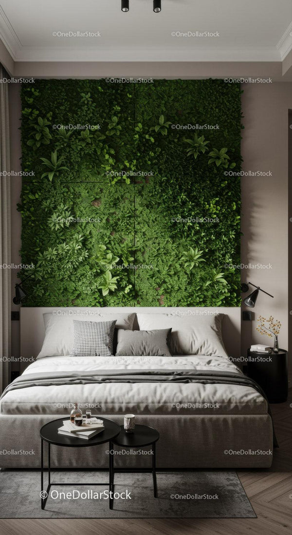 Modern Bedroom with Lush Green Plant Wall and Cozy Decor