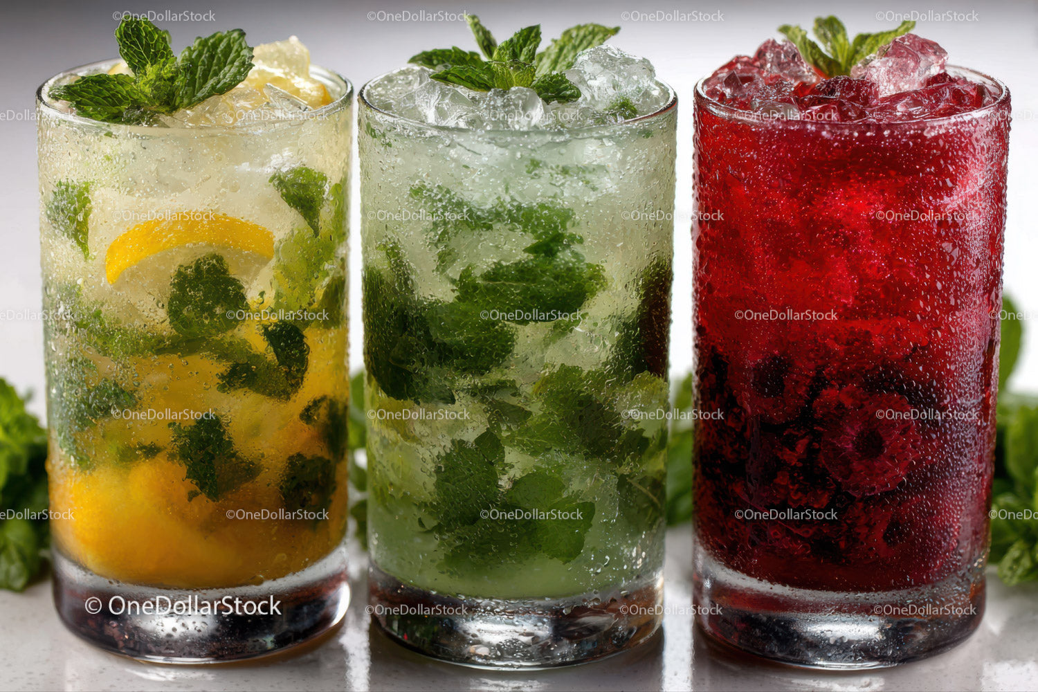 Colorful Summer Mint and Berry Cocktails with Ice Condensation
