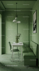 Green Interior with Cozy Dining Area and Modern Decor