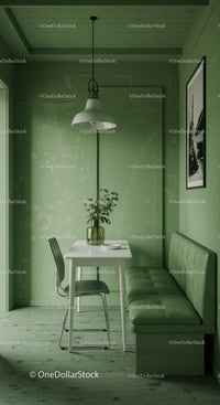 Green Interior with Cozy Dining Area and Modern Decor
