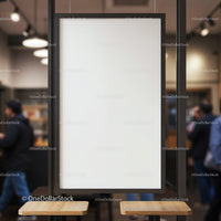 Blank vertical poster board in modern urban cafe interior