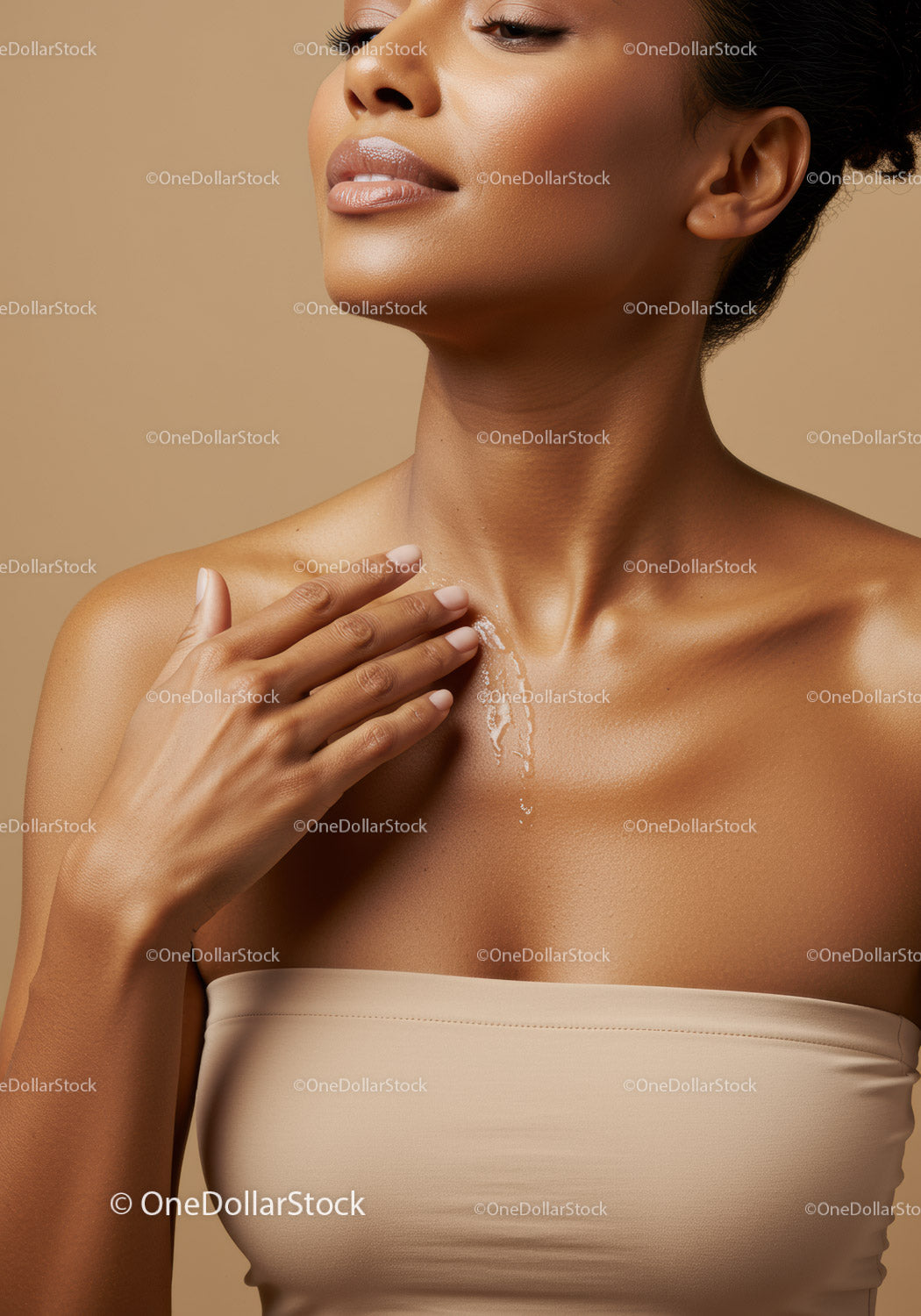 Elegant Woman Applying Skincare with Flawless Skin Quality