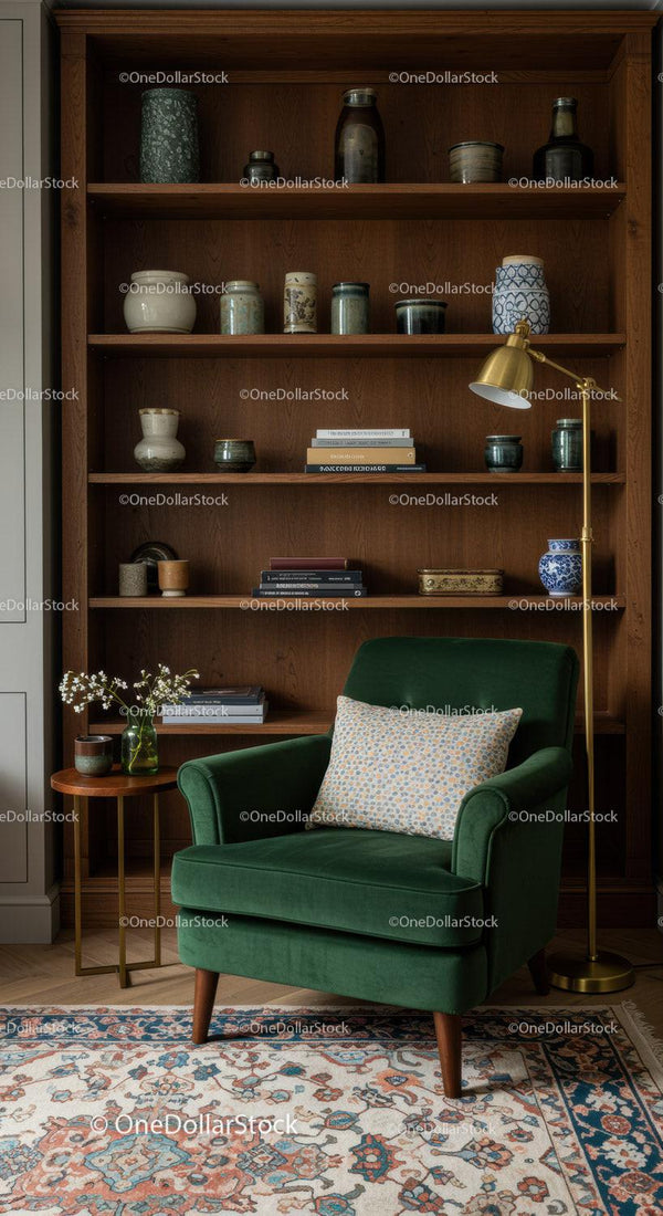 Cozy green armchair with bookshelf and warm lighting