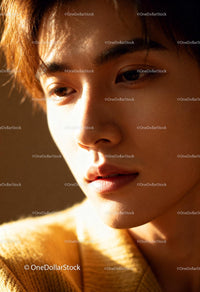 Young man bathed in warm sunlight with soft expression
