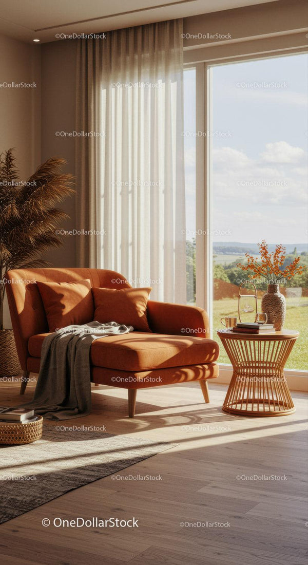 Cozy orange armchair by large bright window with garden view