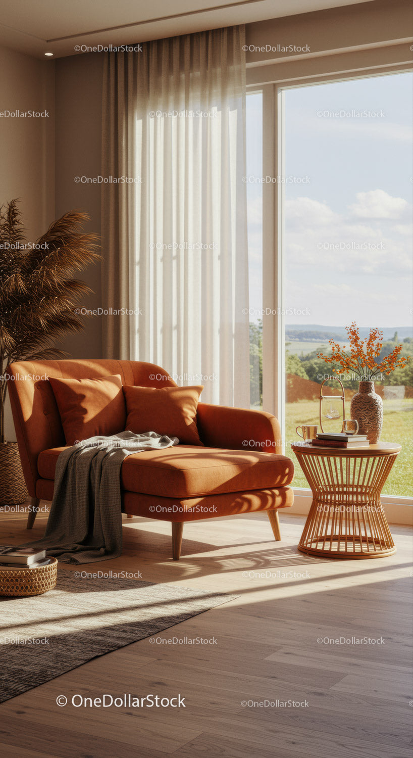 Cozy orange armchair by large bright window with garden view