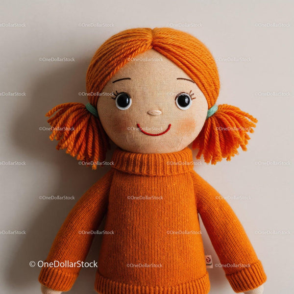 Cute Orange Sweater Girl Doll With Yarn Hair