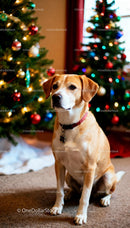 Calm dog sitting near colorful Christmas trees indoors