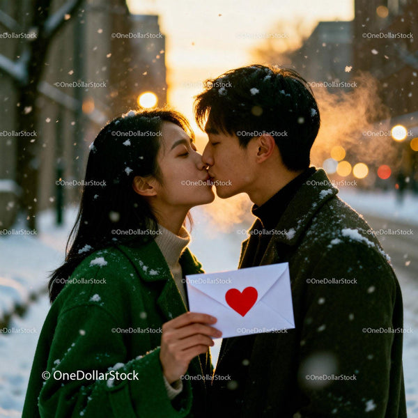 Couple Sharing a Kiss in Snowy Evening with Love Letter