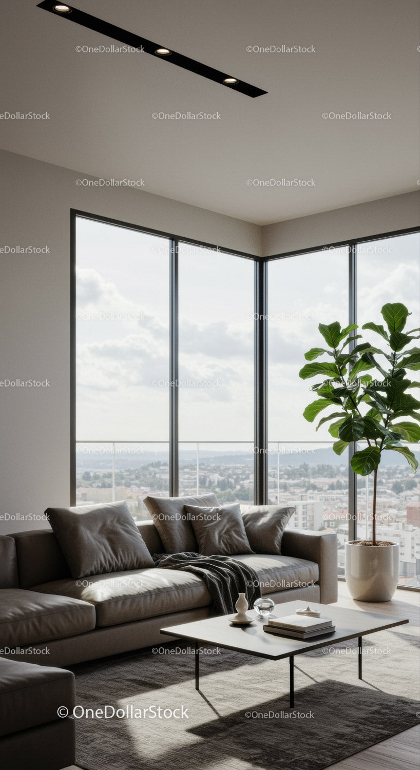 Bright Modern Living Room with Large Windows and Green Plant