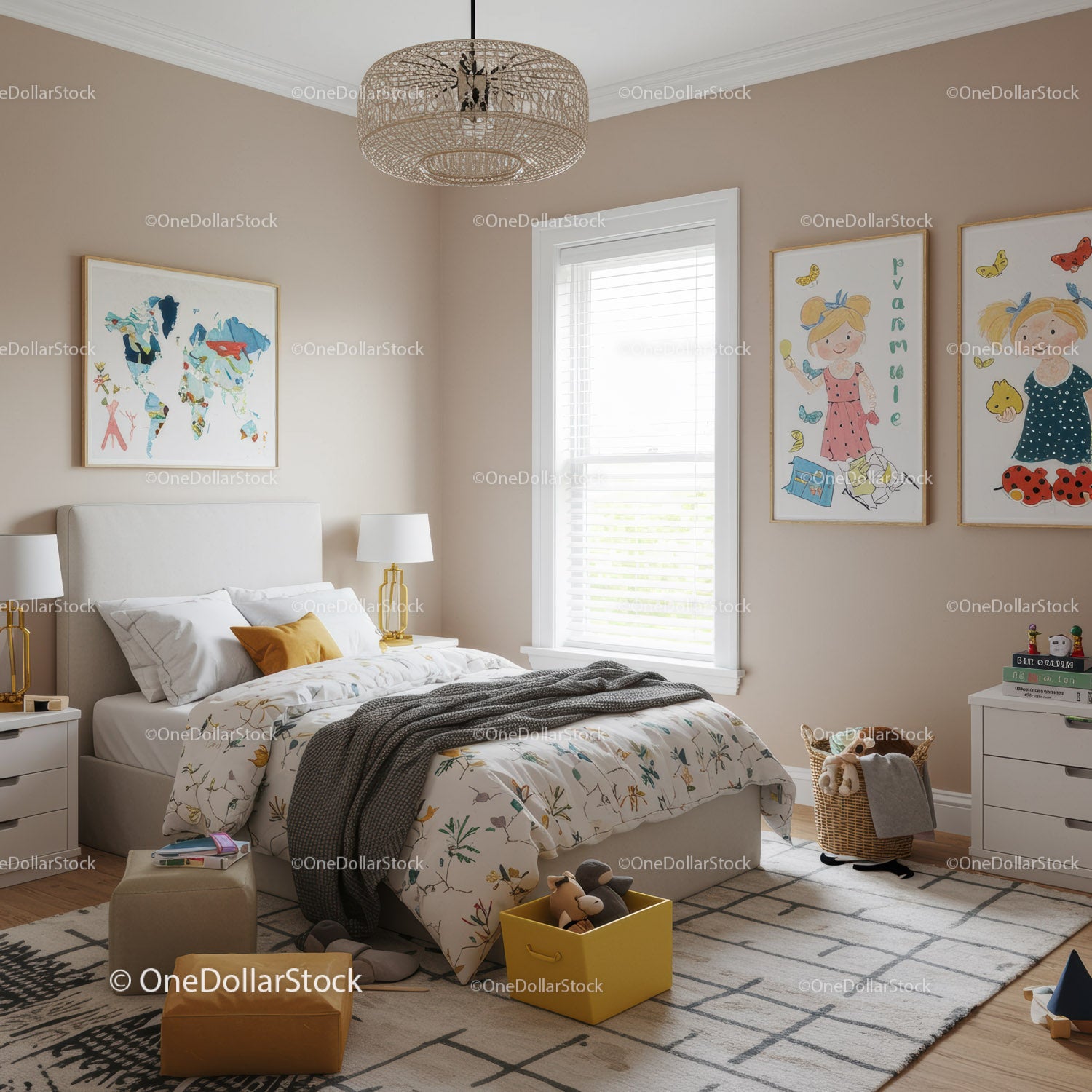 Children's Bedroom with Colorful Wall Art and Cozy Decor