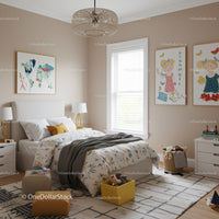Children's Bedroom with Colorful Wall Art and Cozy Decor