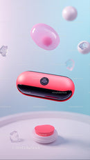 Futuristic Pink Capsule Device with Floating Elements in Modern Scene