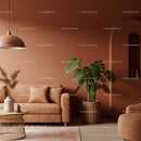 Elegant Modern Living Room Featuring Monstera and Warm Terracotta Walls