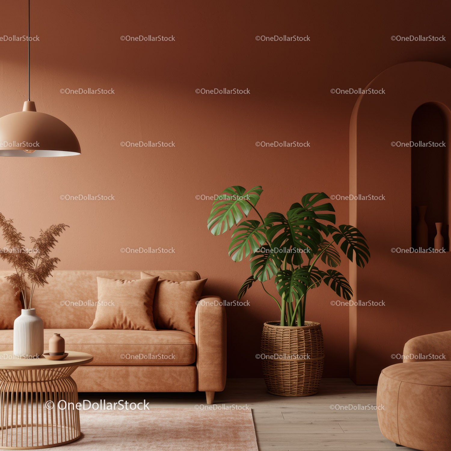 Elegancki, nowoczesny salon z Monsterą i ciepłymi ścianami z terakoty