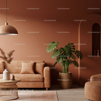 Elegant Modern Living Room Featuring Monstera and Warm Terracotta Walls