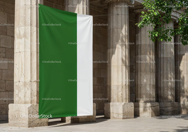 Green and White Flag Hanging Outside Classic Stone Columns JPG Mockup Image