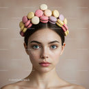 Young woman with macarons crown and delicate face art