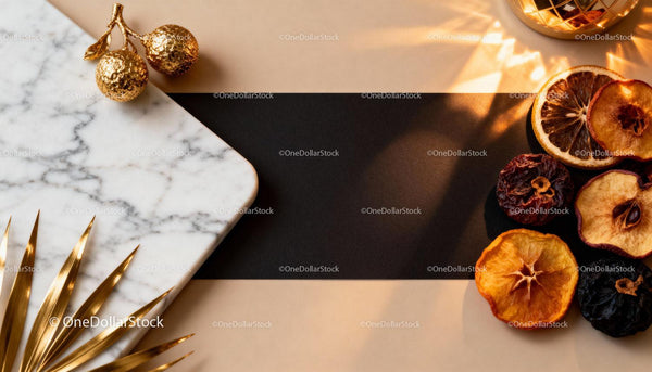 Elegant flat lay with marble board and dried fruit accents