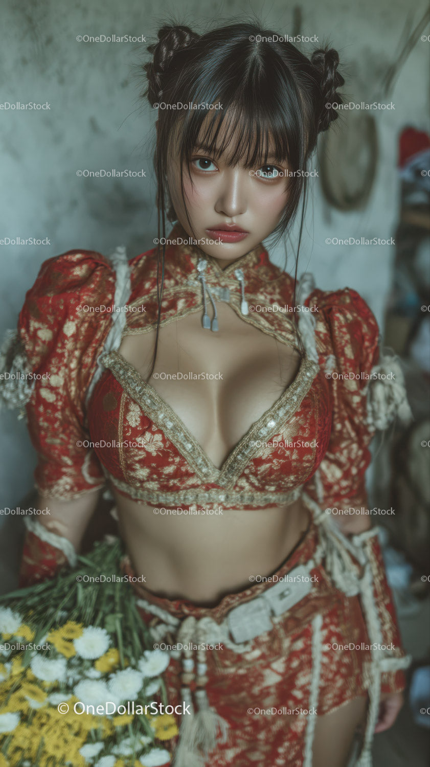 Young Woman in Traditional Red and Gold Kimono with Floral Accessories