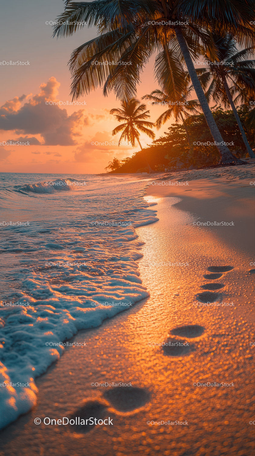 Sunset Over Tropical Beach with Palm Trees and Clear Ocean Water