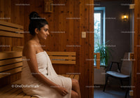 Relaxing Woman in Wooden Sauna with Towel and Cozy Atmosphere