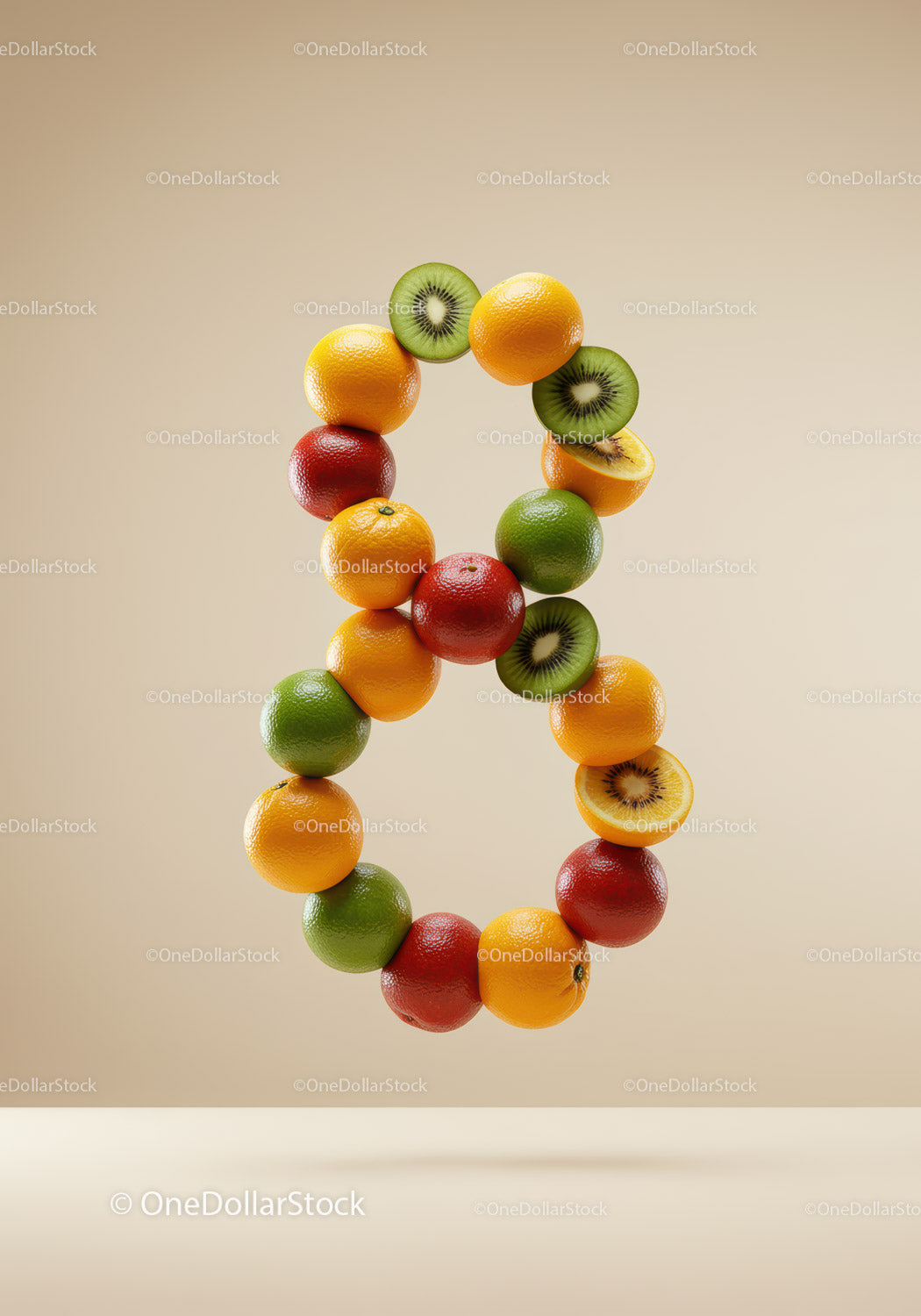 Number eight composed of fresh colorful citrus fruits