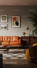 Cozy living room with warm leather sofa and wooden decor