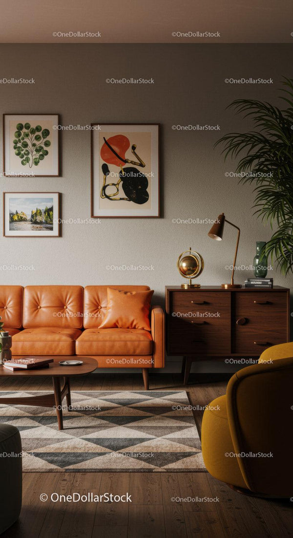 Cozy living room with warm leather sofa and wooden decor