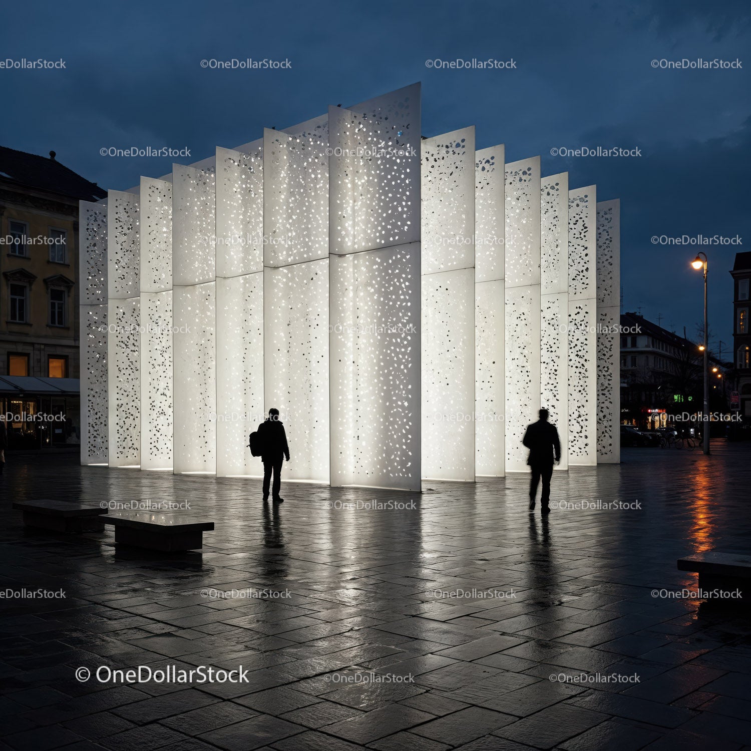 Oświetlona nowoczesna konstrukcja architektoniczna z perforowanymi panelami w nocy