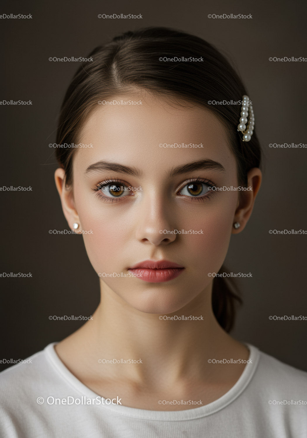 Elegant Girl with Pearl Hair Accessory and Brown Eyes