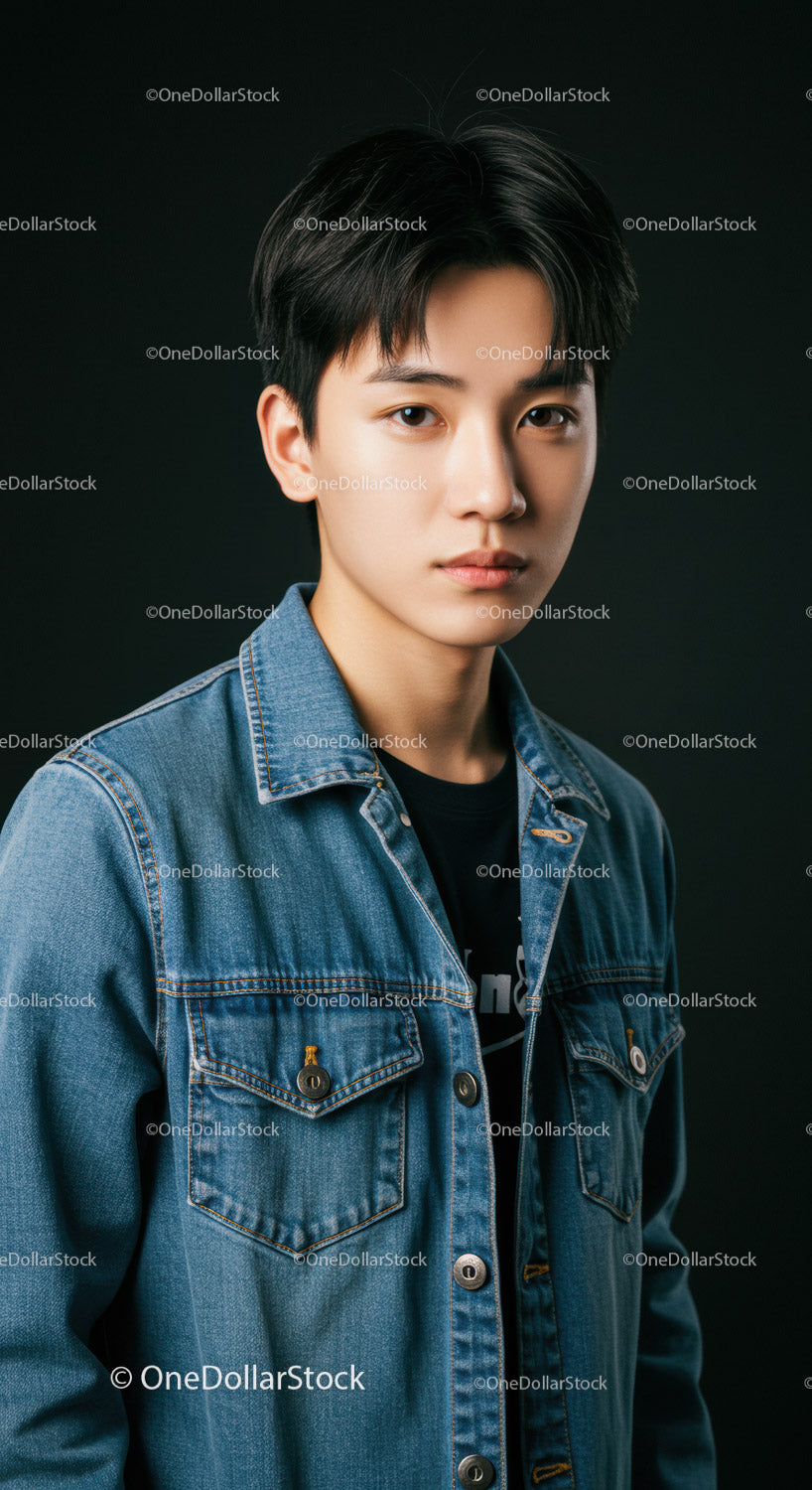 Young Man in Denim Jacket with Confident Expression on Black Background