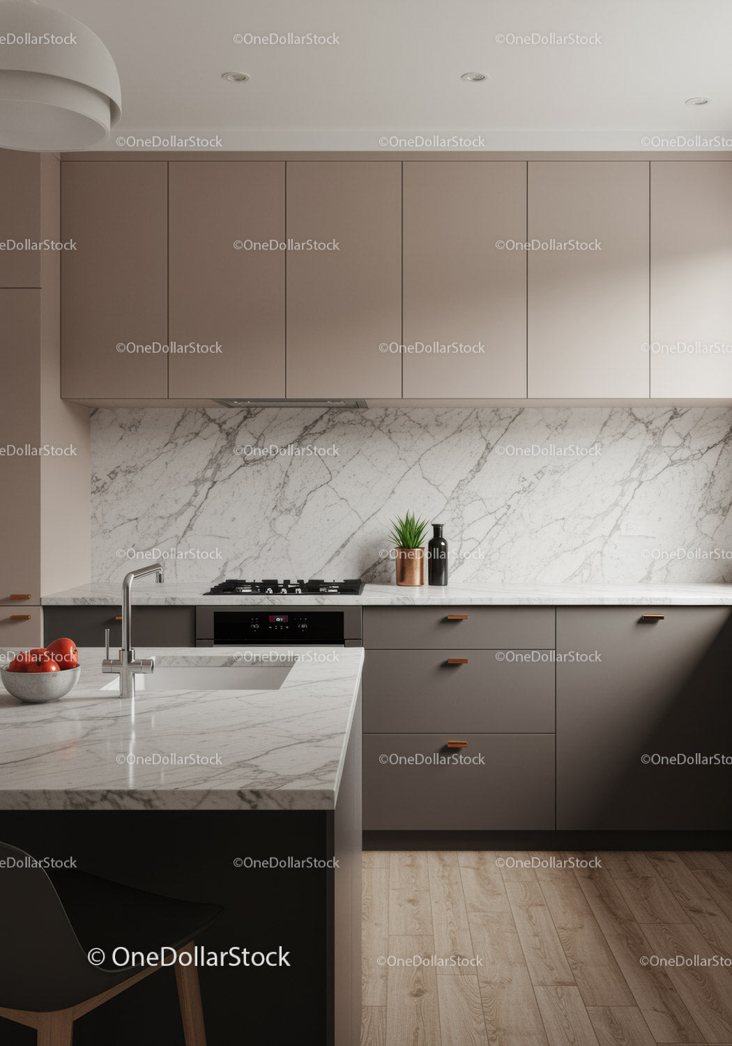 Modern Kitchen with Gray Cabinets and Marble Backsplash