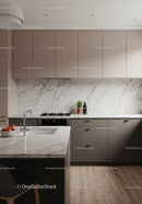 Modern Kitchen with Gray Cabinets and Marble Backsplash