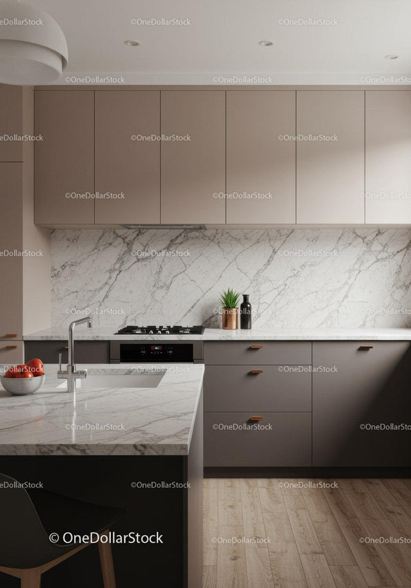 Modern Kitchen with Gray Cabinets and Marble Backsplash