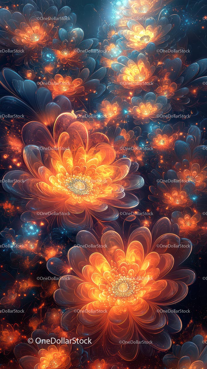 Glowing Orange Floral Fractal Pattern with Luminous Light Effects