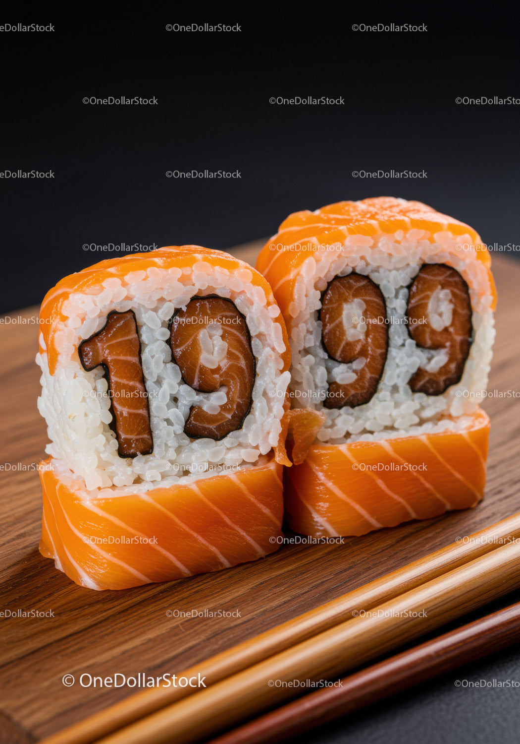Kreatywne rolki sushi z łososiem w kształcie cyfr 1999