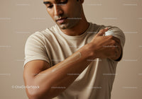 Man Applying Body Lotion with Skincare Routine in Neutral Setting