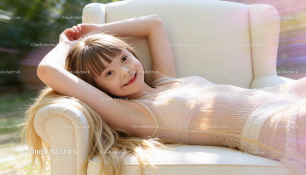 Young Girl with Down Syndrome Relaxing on Sofa Outdoors