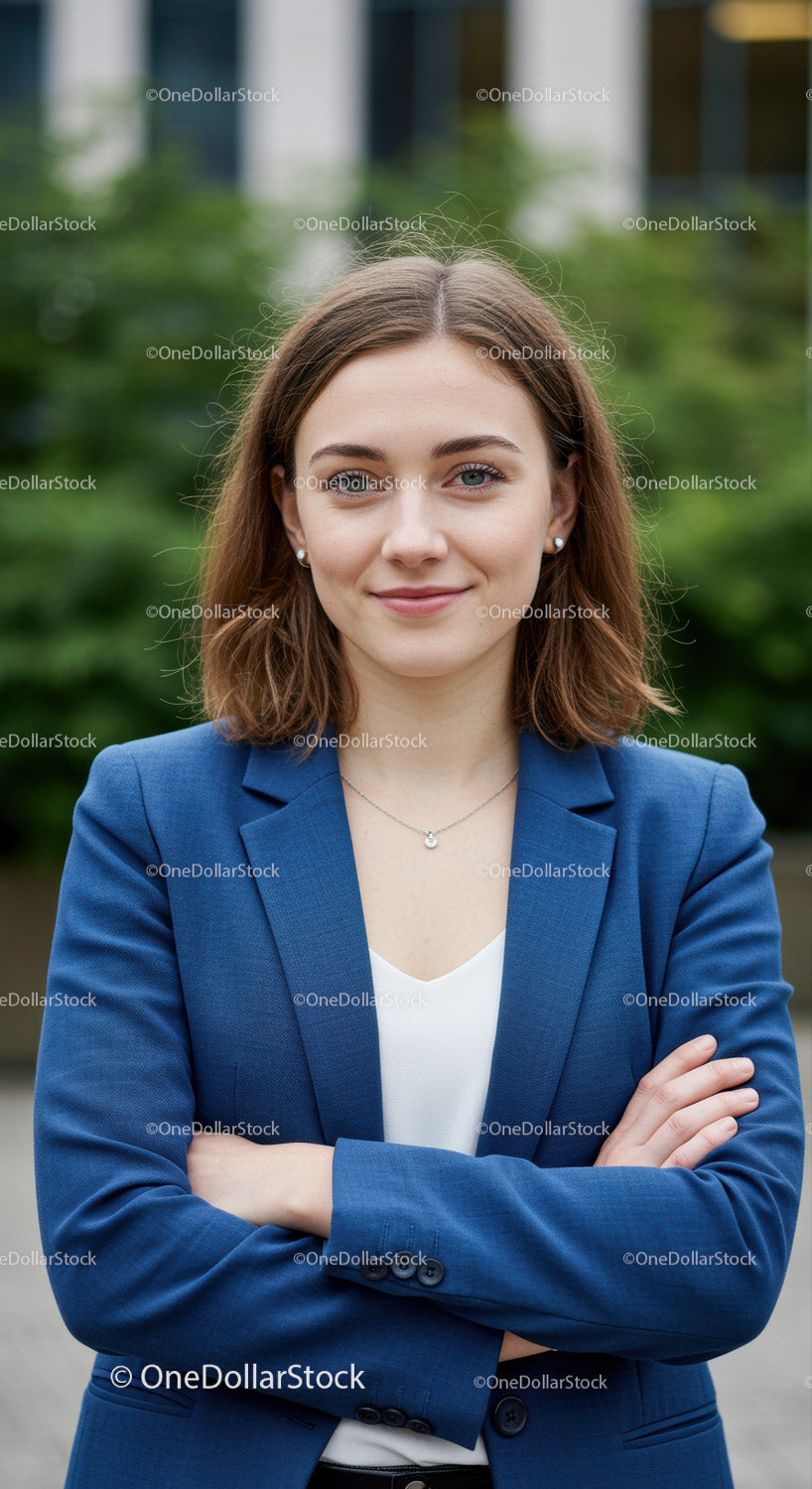 Confident Young Businesswoman in Blue Blazer Standing Outdoors