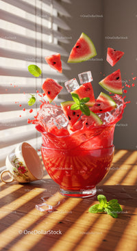 Fresh Watermelon Splash with Ice Cubes and Mint Leaves