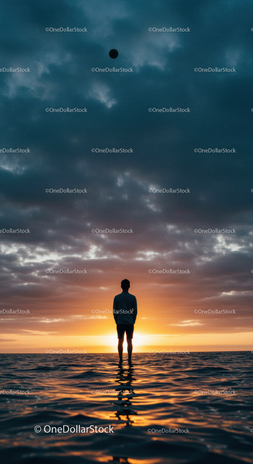 Silhouette of man standing in water at sunset