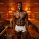 Healthy Muscular Man Relaxing in Modern Wooden Sauna