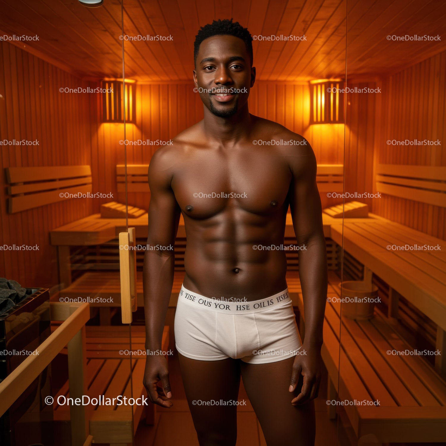 Healthy Muscular Man Relaxing in Modern Wooden Sauna