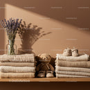 Cozy neutral baby items with lavender and teddy bear